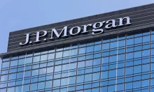 A J.P. Morgan office building with the bank name in large letters above its glass facade.