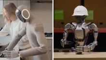 Photograph of two humanoid robots, one working alongside a woman in a kitchen and another wearing a white Nvidia hard hat at a work station