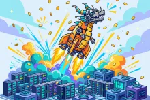 A cartoon dragon-shaped rocket robot launching from a data center with gold coins raining down.