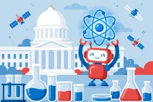 A cartoon robot holding a glowing atom above a domed government building with satellites orbiting.