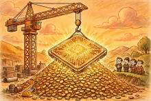 Cartoon illustration of a construction crane hoisting a giant glowing computer chip above a mountain of gold coins while small cartoon bankers look on.