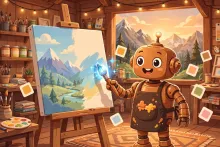 A cartoon robot artist touching up a large landscape painting at an easel with a glowing digital brush, with paint-swatch thumbnails floating nearby.