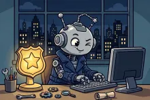 Cartoon illustration of a robot detective in a trench coat typing at a desk in a dark office with a city skyline outside the window