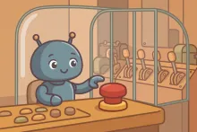 A cartoon robot seated at a control desk with its hand hovering over a large red emergency stop button, separated from the control levers by a glass containment dome.