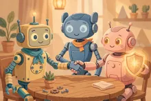 Cartoon illustration of three distinct robots shaking hands around a round table, one holding a shield, in a warm cooperative scene.