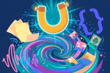 Cartoon illustration of a glowing magnet drawing documents, code brackets, photos, and sound waves into a single swirling vortex.
