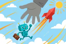 Cartoon illustration of an independent robot agent shaking free from a giant corporate hand, with a bright rocket launching behind it into the sky.