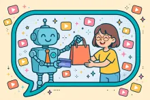 Cartoon illustration of a robot salesperson handing a shopping bag and a credit card to a customer inside a chat bubble with floating video play buttons.