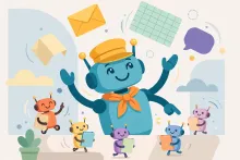 Cartoon illustration of a friendly robot concierge juggling envelopes, documents, spreadsheets, and chat bubbles while directing tiny robot assistants.