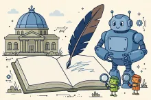 Cartoon illustration of a domed government building drafting a rulebook while a giant robot waits to be inspected by tiny inspector robots.