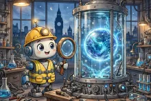 Cartoon illustration of a robot safety inspector examining a glowing AI orb inside a glass testing chamber in a London laboratory.