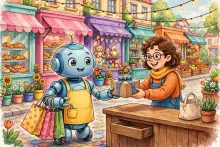 A cartoon robot shopping assistant carrying bags through a colorful online marketplace of storefronts, handing a package to a customer at a checkout counter.