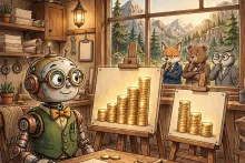 A cartoon robot accountant presents easels of stacked gold coins as a chart to animal investors in a mountain workshop.