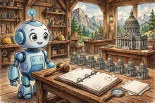 Cartoon robot chatbot in a courtroom workshop facing eight small capitol domes with a gavel and an open evidence binder on a desk.
