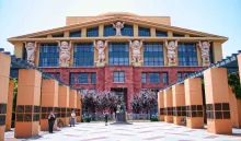 Photograph of the Team Disney building at Walt Disney Studios in Burbank, with its Seven Dwarfs columns.