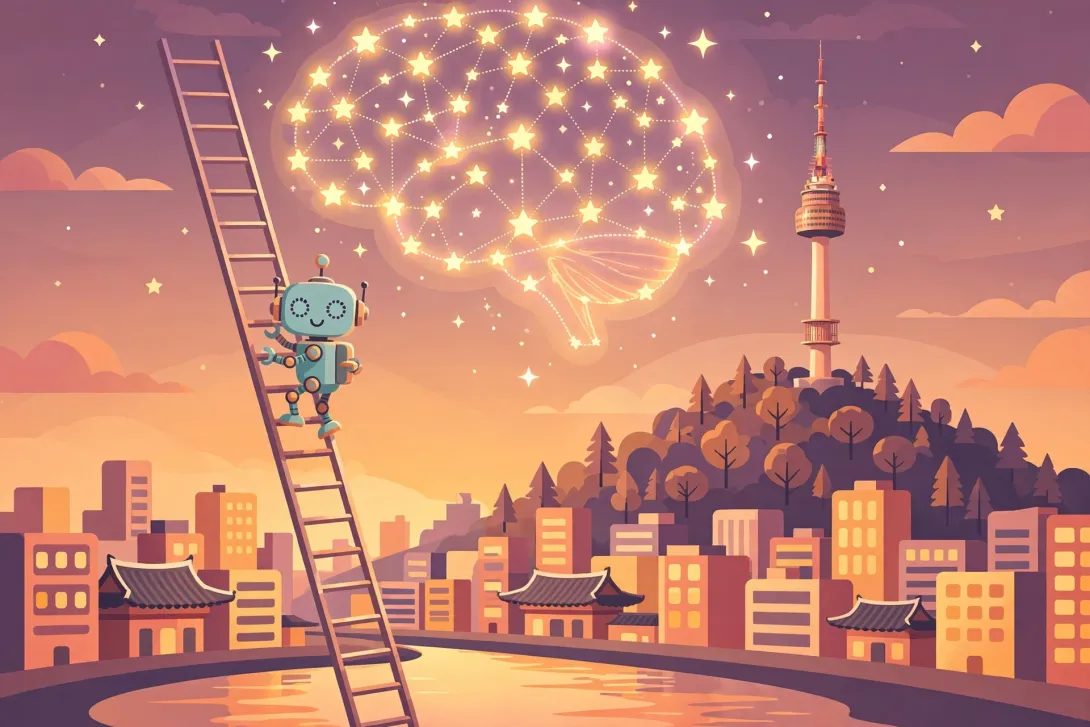 A cartoon robot climbing a ladder toward a glowing brain constellation over a stylized Seoul skyline at dusk.