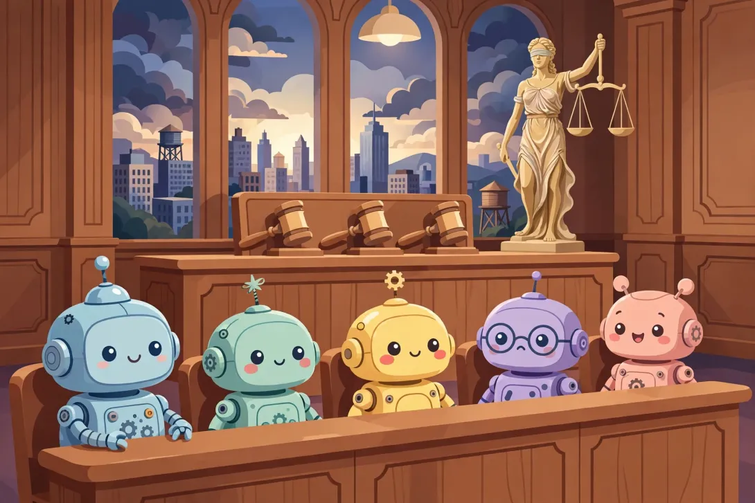 Cartoon robot witnesses at a hearing table facing gavels and a stylized Lady Justice statue in a courtroom.
