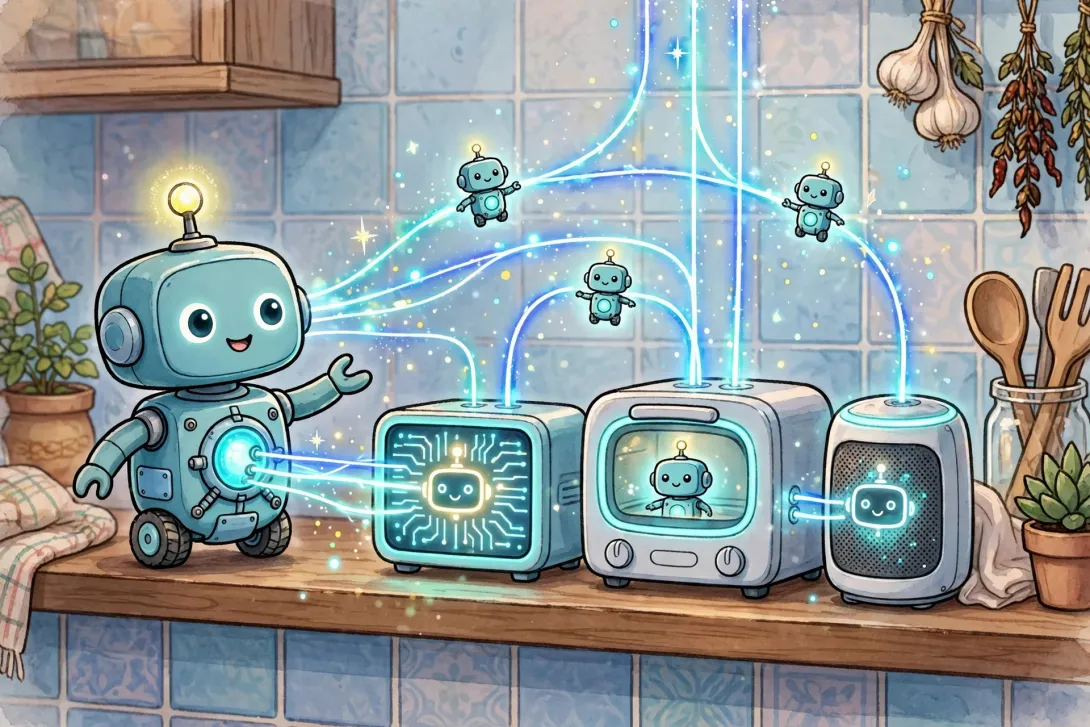 Cartoon illustration of a small robot copying itself onto smart home gadgets including a television box and a smart oven.