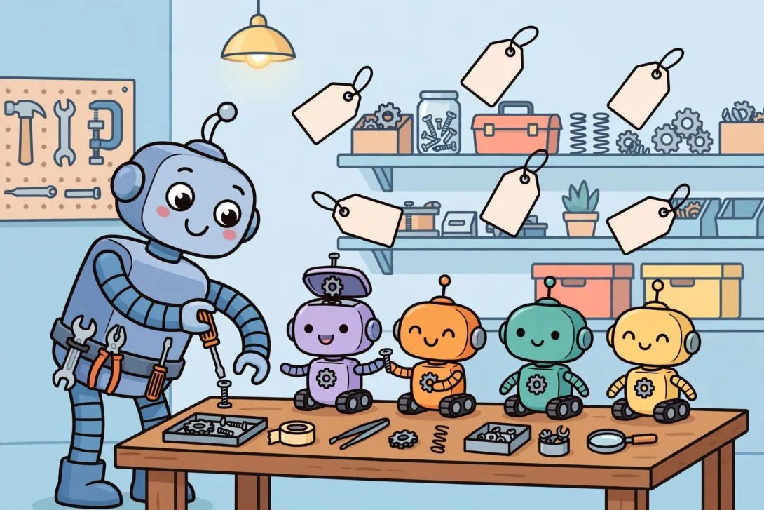 Cartoon illustration of a cheerful robot mechanic tuning a row of small friendly robots at a workbench, with blank price tags floating in the air.