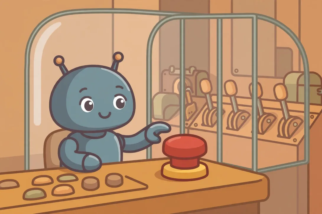 A cartoon robot seated at a control desk with its hand hovering over a large red emergency stop button, separated from the control levers by a glass containment dome.