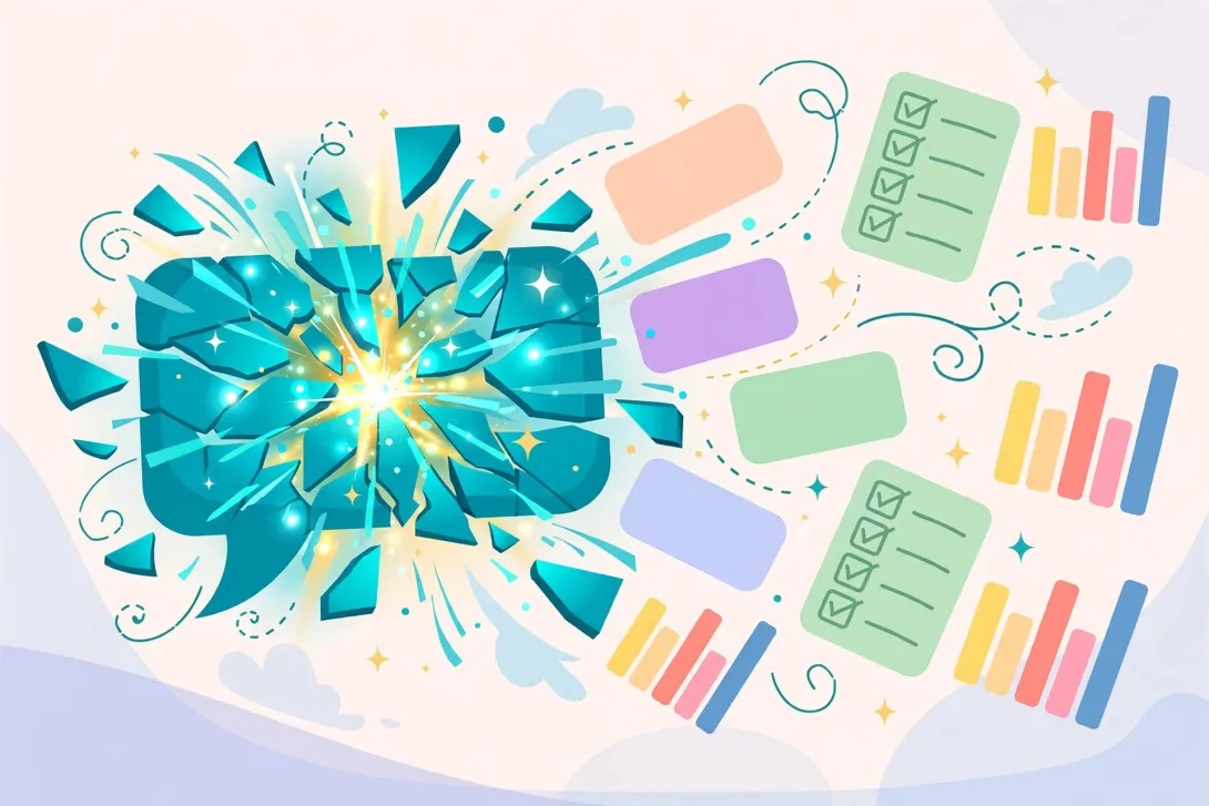 Cartoon illustration of a glowing chat bubble transforming into floating interactive cards, checklists, and charts in a playful flat style.
