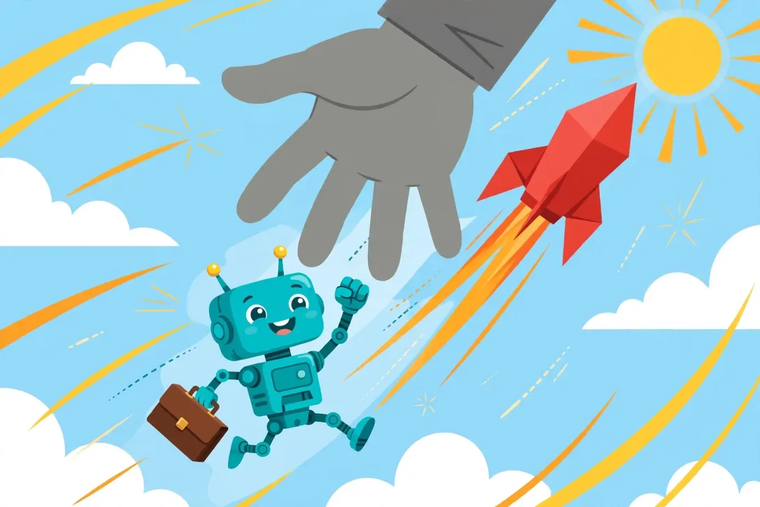 Cartoon illustration of an independent robot agent shaking free from a giant corporate hand, with a bright rocket launching behind it into the sky.