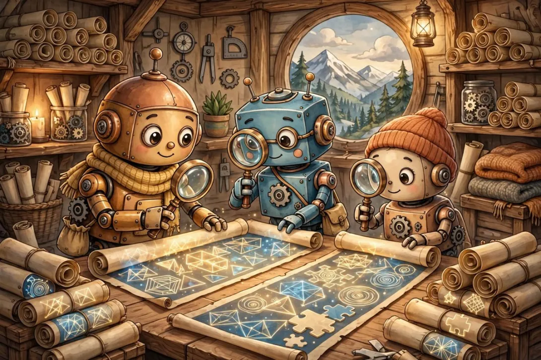 Cartoon illustration of robot mathematicians in a mountain workshop checking glowing scrolls of abstract geometric shapes with magnifying glasses.