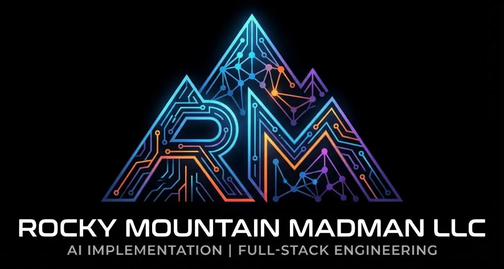 Neon-style Rocky Mountain Madman LLC logo: a glowing circuit-board mountain range in blue, purple, and orange gradients forming the letters RMM, with 'Rocky Mountain Madman LLC' and the tagline 'AI Implementation | Full-Stack Engineering' in white below, on a black background.